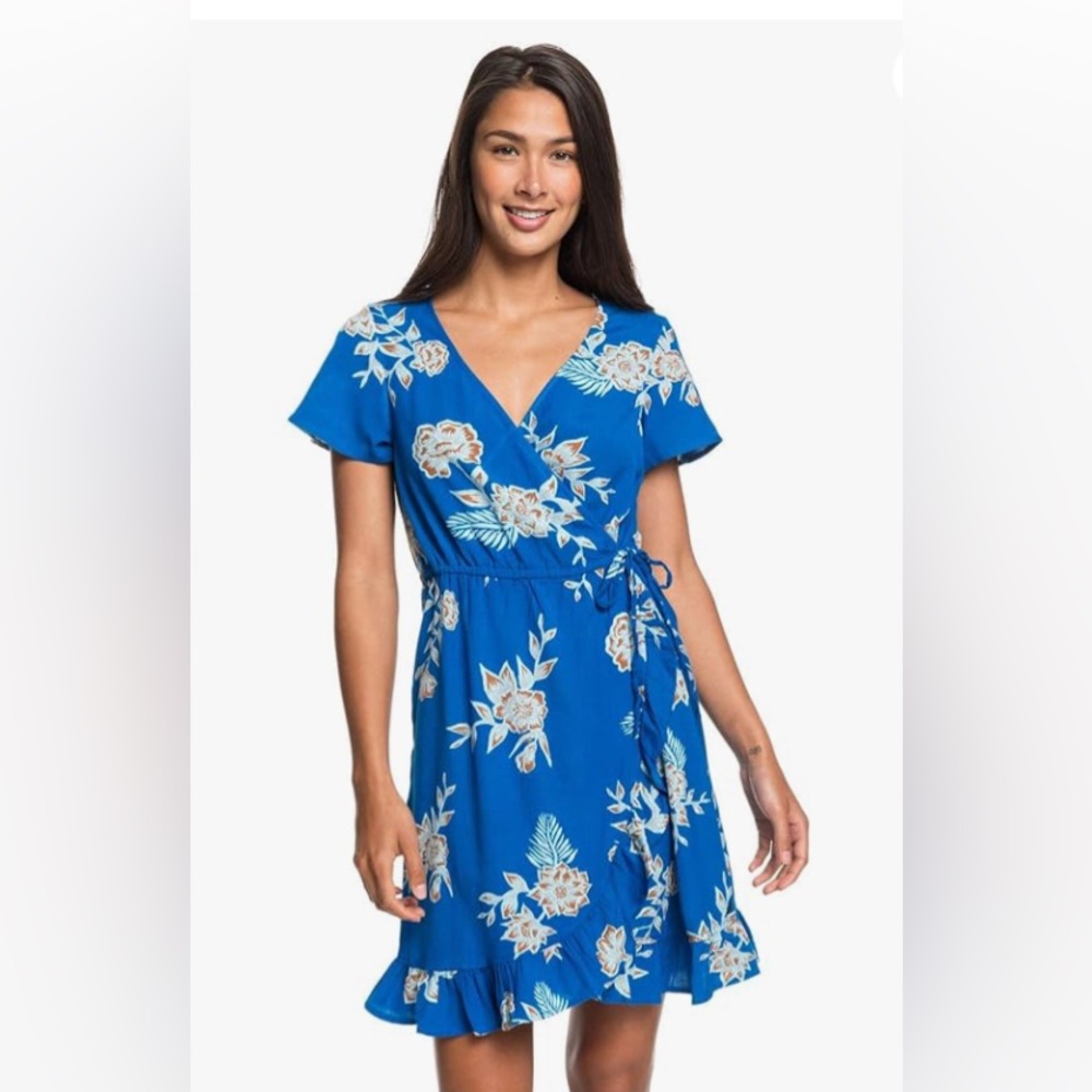 Roxy Flower Hawaiian Print in blue Wrap dress NWOT small - Picture 4 of 12